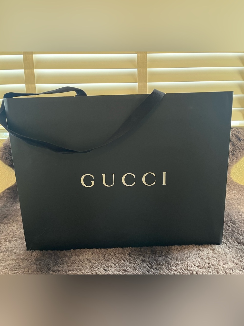 Gucci Black Paper Shopping Bag with White Logo and Black Ribbon Handles